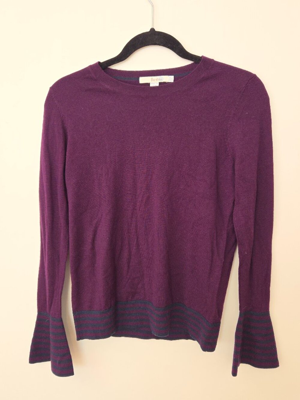Boden Jasmine Wool Striped Bell Sleeve Sweater Burgundy Blue Size 6